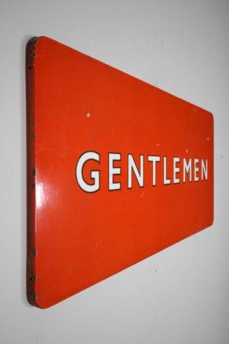 A rectangular red vitreous enamel railway sign featuring the word GENTLEMEN in bold white capital letters with black outlines. View V