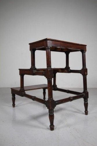 A three-tiered set of 19th-century dark mahogany library steps featuring turned legs and supporting stretchers. View VI