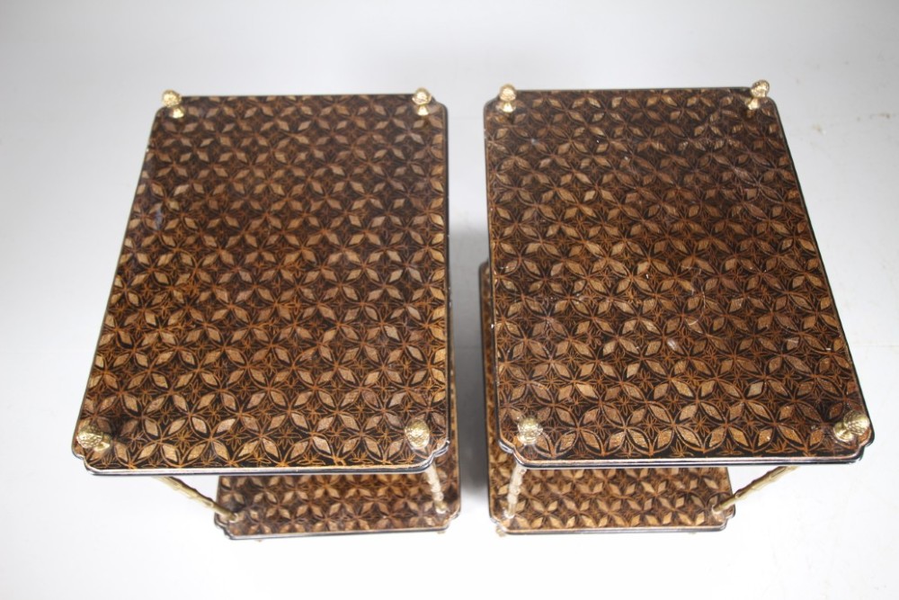 A pair of mid-century two-tier side tables with brass simulated bamboo legs and brown patterned lacquered surfaces topped with pinecone finials. View III