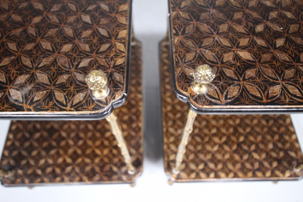 A pair of mid-century two-tier side tables with brass simulated bamboo legs and brown patterned lacquered surfaces topped with pinecone finials. View IV