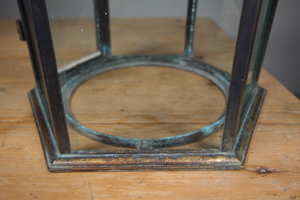 A 19th-century dark bronze hexagonal hallway lantern featuring glazed glass side panels, a domed cage top, and a central hanging stem. View II