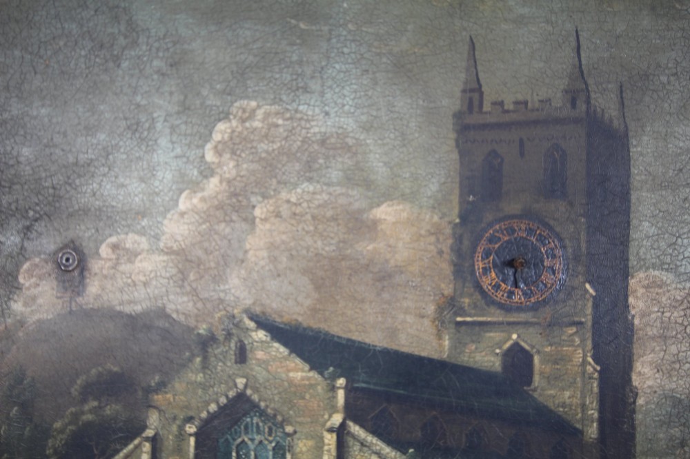 An 18th-century oil painting on tin depicting a church landscape with integrated mechanical clock hands and a visible waterwheel mechanism, enclosed in a dark wooden frame. View VII