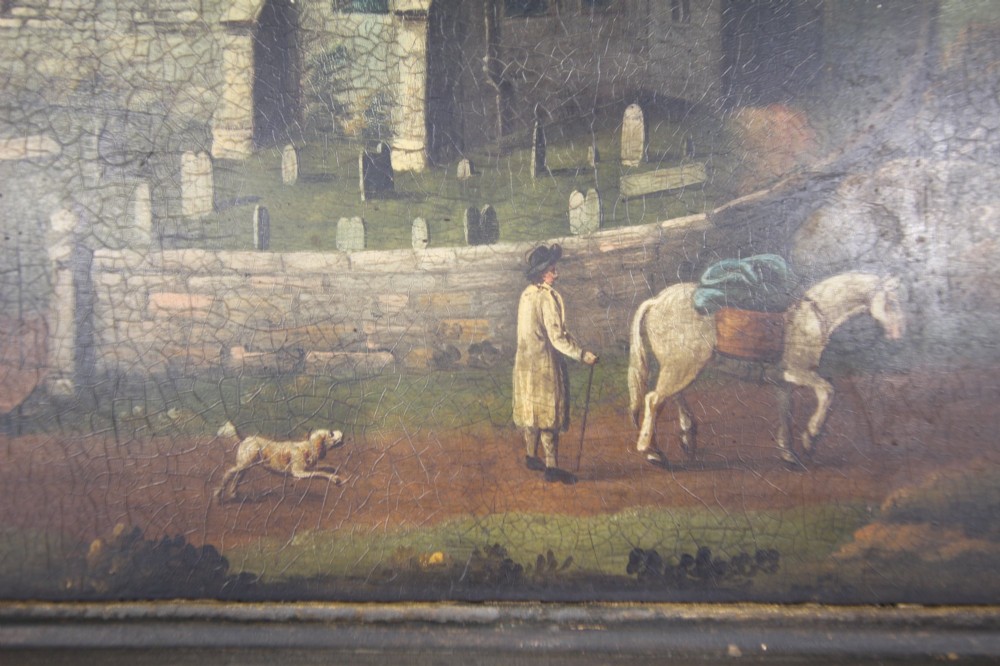 An 18th-century oil painting on tin depicting a church landscape with integrated mechanical clock hands and a visible waterwheel mechanism, enclosed in a dark wooden frame. View VIII