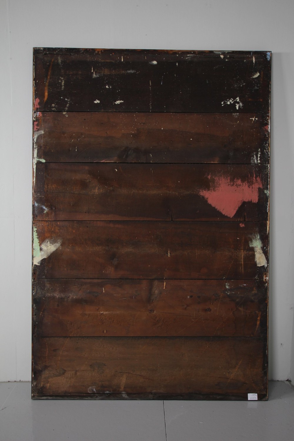Large 19th-century rectangular mirror with a simple ebonised black wooden frame and patinated glass mirror. View III
