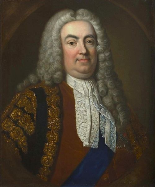 fig 1. An eighteenth-century oil portrait painting depicting a gentleman with a powdered wig set inside an ornate giltwood frame.