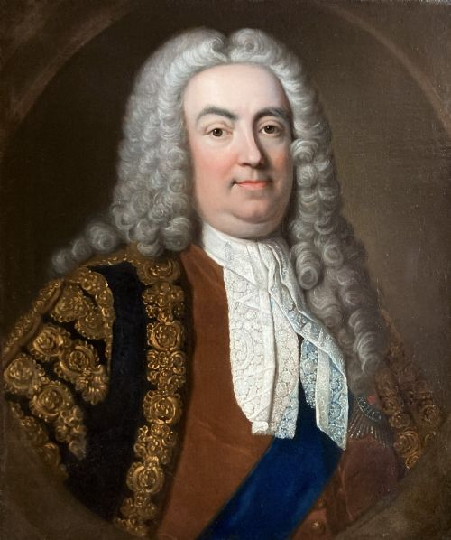 fig 4. An eighteenth-century oil portrait painting depicting a gentleman with a powdered wig set inside an ornate giltwood frame.