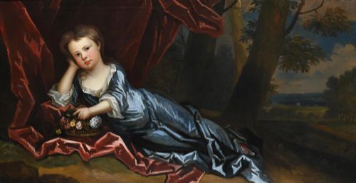 fig 1. An 18th-century oil painting depicting a child in a blue dress reclining alongside crimson drapery and a flower basket within a landscape, housed in a carved dark frame.