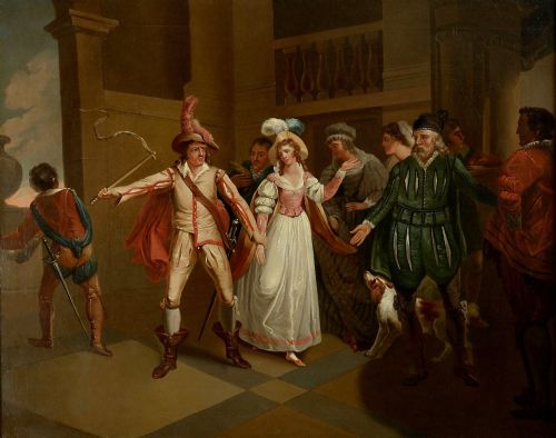 fig 1. An oil painting in a gilded frame depicting figures in theatrical costume within a classical architectural setting.