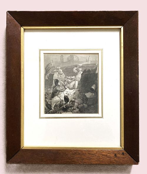 fig 1. A late 18th-century monochromatic pen and wash drawing depicting soldiers engaged in the storming of a fortified position.