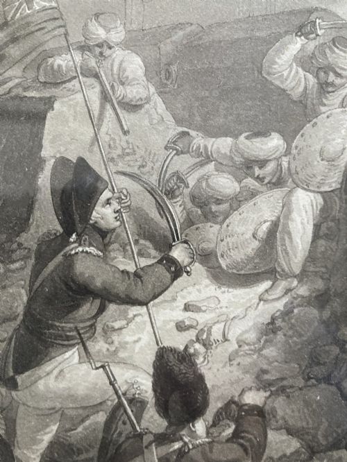 fig 3. A late 18th-century monochromatic pen and wash drawing depicting soldiers engaged in the storming of a fortified position.