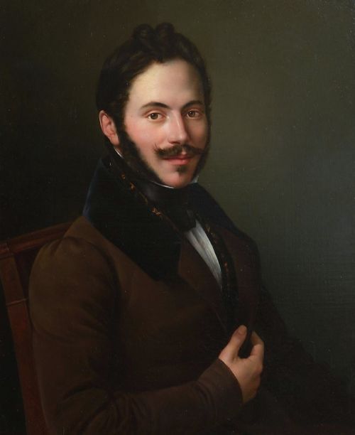 fig 1. A 19th-century oil portrait of a dark-haired gentleman with a moustache in a brown coat, presented within a heavily decorated gold gilt frame.