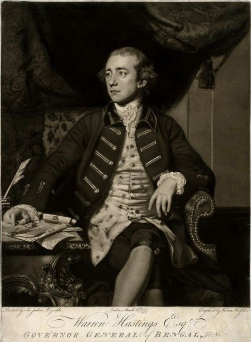 fig 1. A framed 18th-century monochrome mezzotint portrait depicting Warren Hastings seated at a desk in formal period attire.
