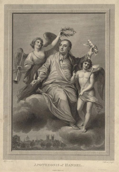 fig 1. An 18th-century monochrome copperplate engraving depicting George Frideric Handel surrounded by allegorical figures, displayed within a moulded gilt wood frame.