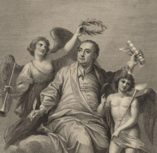 An 18th-century monochrome copperplate engraving depicting George Frideric Handel surrounded by allegorical figures, displayed within a moulded gilt wood frame. View III