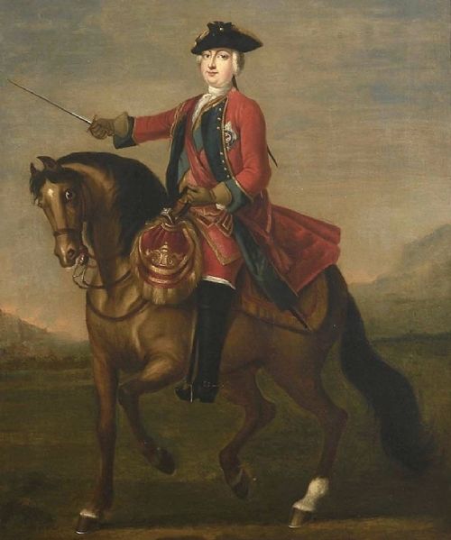 fig 1. An 18th-century equestrian oil portrait depicting a military officer in a red coat mounted on a brown horse, enclosed in a carved giltwood frame.