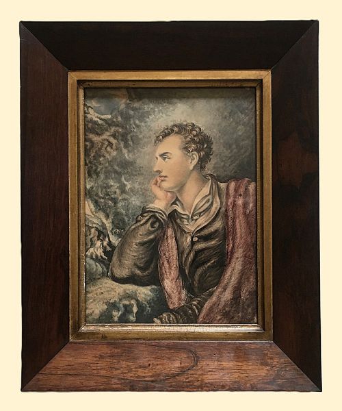 fig 2. A profile portrait painting in watercolour depicting Lord Byron resting his chin on his hand against a stormy background.