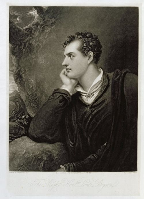 A profile portrait painting in watercolour depicting Lord Byron resting his chin on his hand against a stormy background. View V