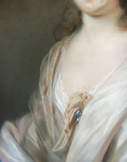 fig 2. A late 18th-century pastel portrait depicting a woman with voluminous brown hair wearing a draped white shawl and lace detail.