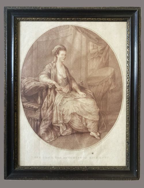 fig 1. An 18th-century oval sepia engraving depicting a seated noblewoman in classical drapery holding a ribbon.