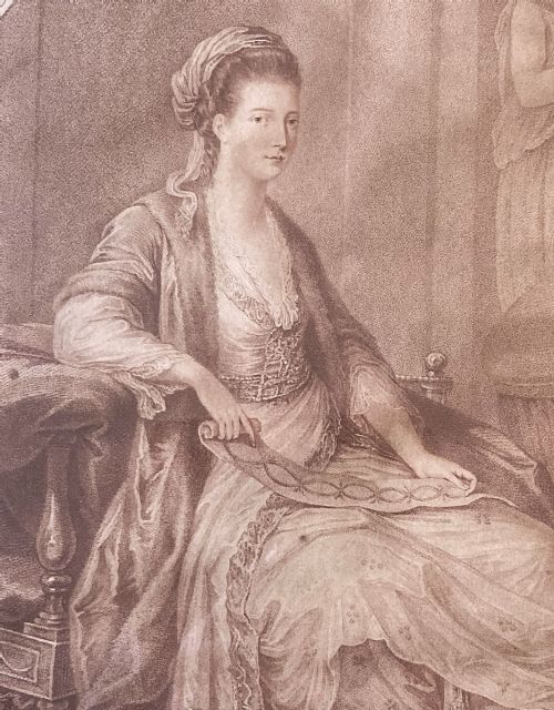 fig 2. An 18th-century oval sepia engraving depicting a seated noblewoman in classical drapery holding a ribbon.