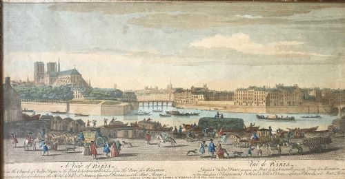 18th Century Engraving of a View of Paris, Original Hand Colouring