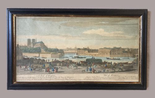 fig 1. An 18th-century hand-coloured framed engraving depicting a panoramic view of Paris with Notre-Dame cathedral and figures along the River Seine.