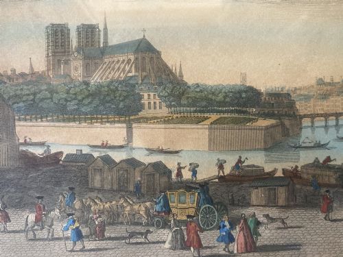 fig 2. An 18th-century hand-coloured framed engraving depicting a panoramic view of Paris with Notre-Dame cathedral and figures along the River Seine.