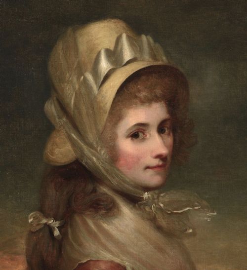 fig 1. An antique Georgian oil painting depicting a young lady wearing a bonnet and red dress inside a gilded beaded frame.