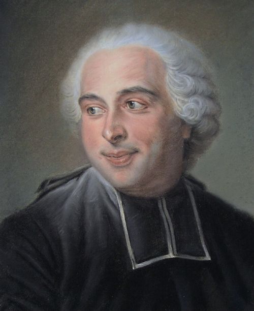 fig 1. A 19th-century pastel portrait of a powdered-wigged French clergyman wearing a dark coat and clerical collar, housed within a carved giltwood frame.
