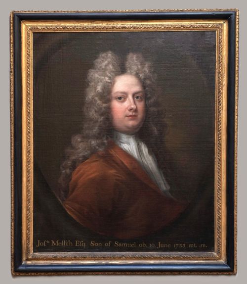 fig 1. An 18th-century oil portrait depicting a gentleman with a grey periwig and brown mantle within a feigned oval background.