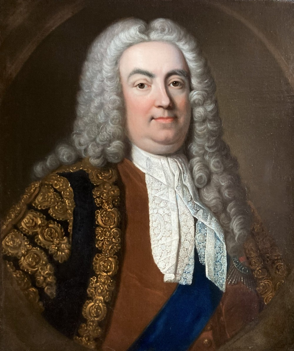 An eighteenth-century oil portrait painting depicting a gentleman with a powdered wig set inside an ornate giltwood frame. View V
