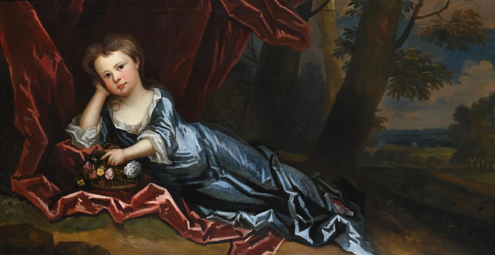 An 18th-century oil painting depicting a child in a blue dress reclining alongside crimson drapery and a flower basket within a landscape, housed in a carved dark frame. View II