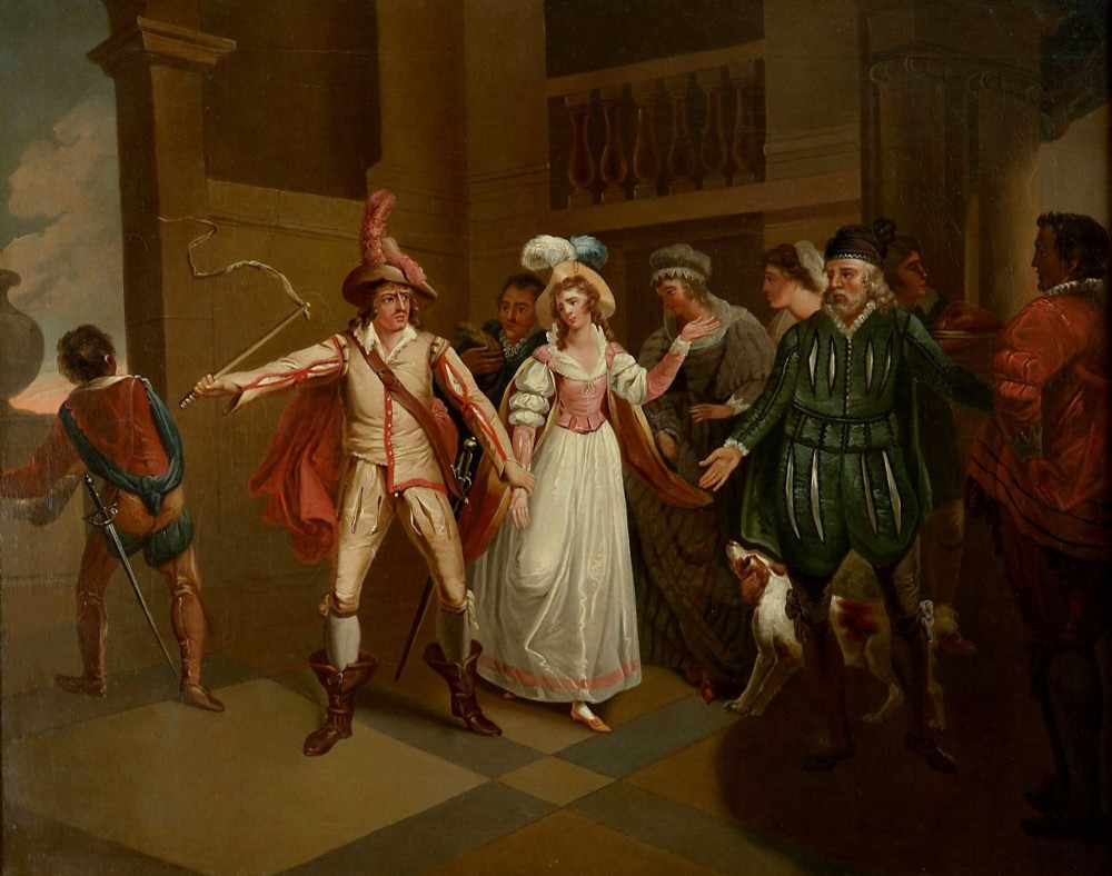 An oil painting in a gilded frame depicting figures in theatrical costume within a classical architectural setting. View II
