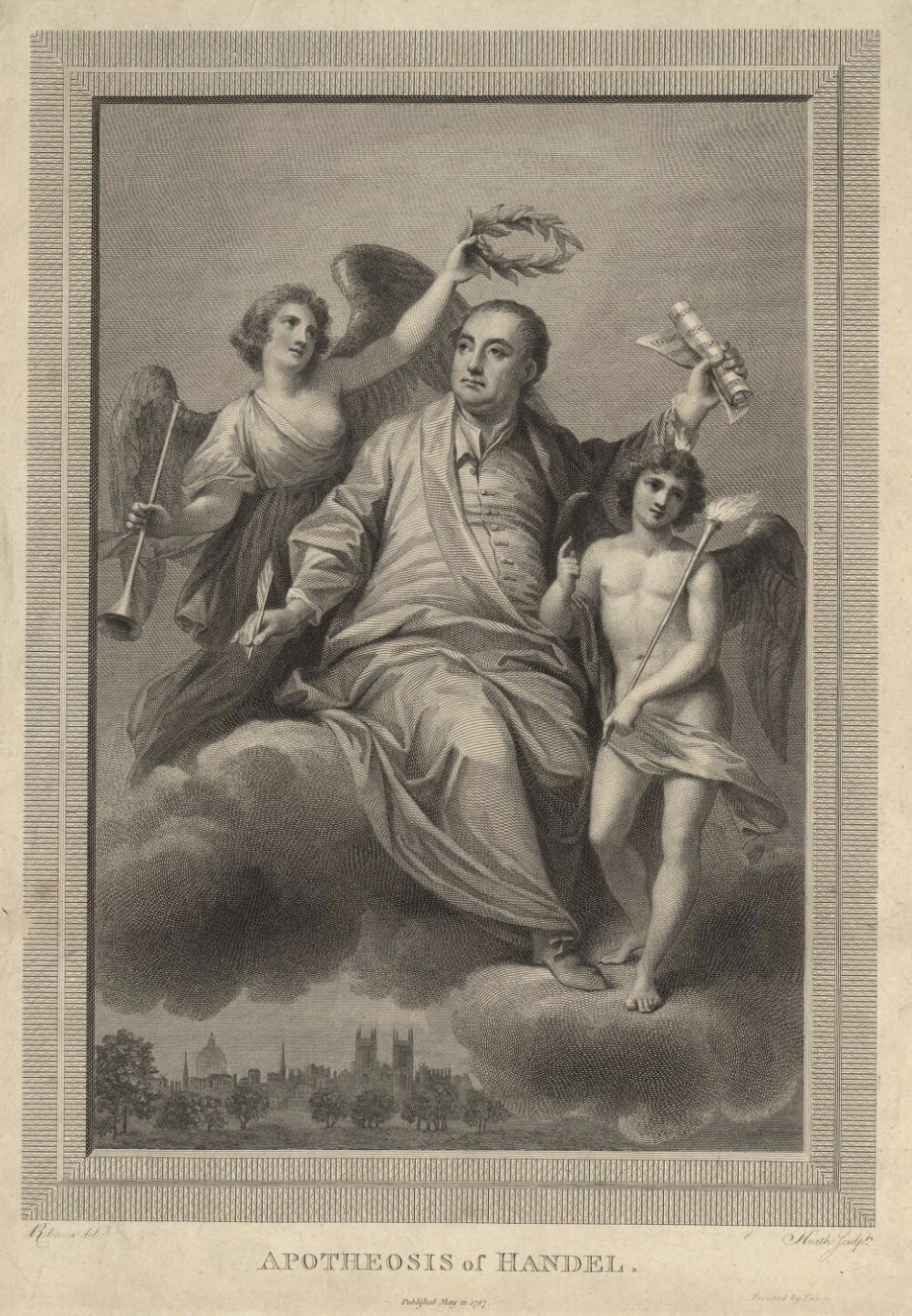 An 18th-century monochrome copperplate engraving depicting George Frideric Handel surrounded by allegorical figures, displayed within a moulded gilt wood frame. View II