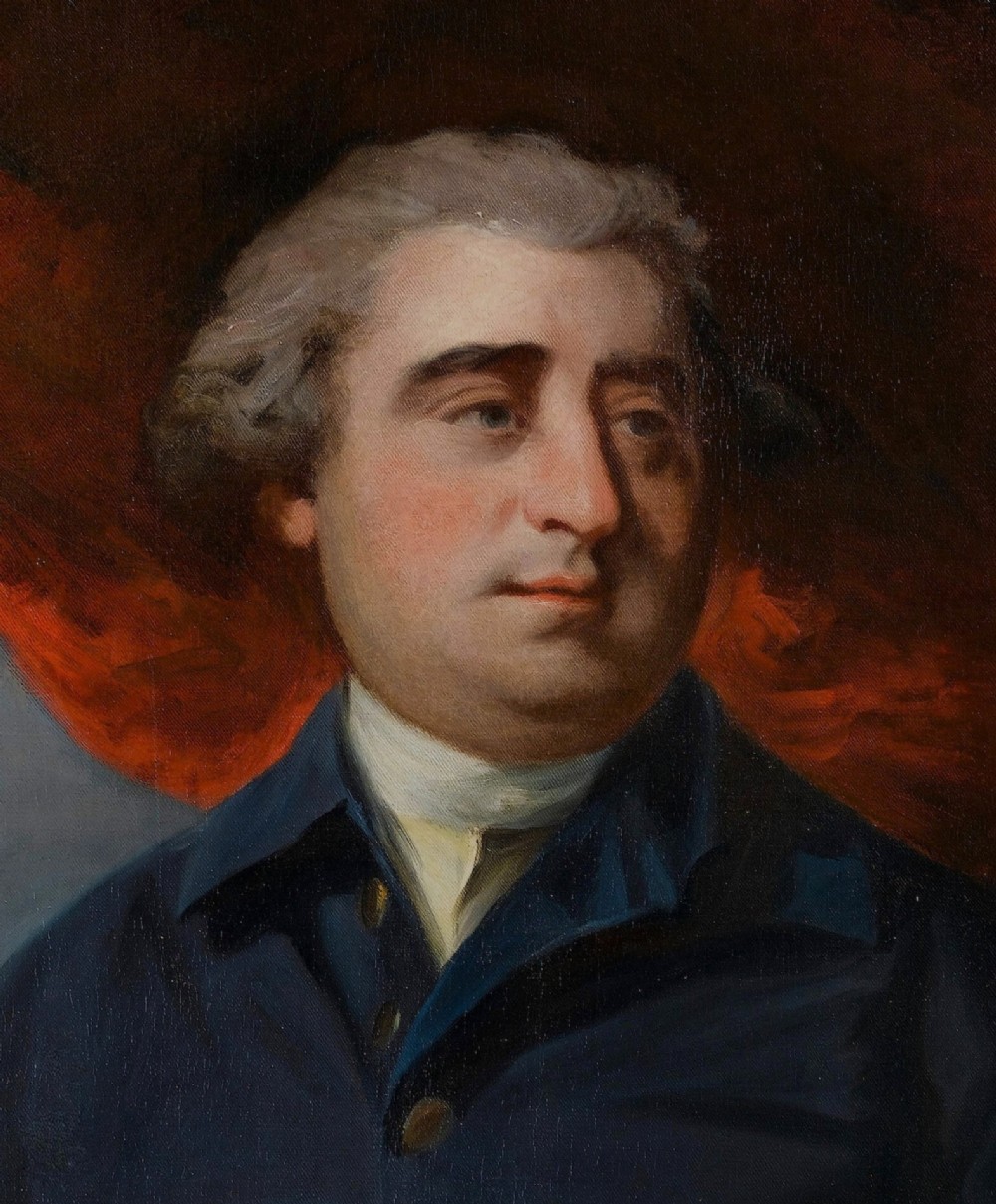 An 18th-century oil portrait depicting a gentleman in a blue coat, presented inside a beaded giltwood frame. View III