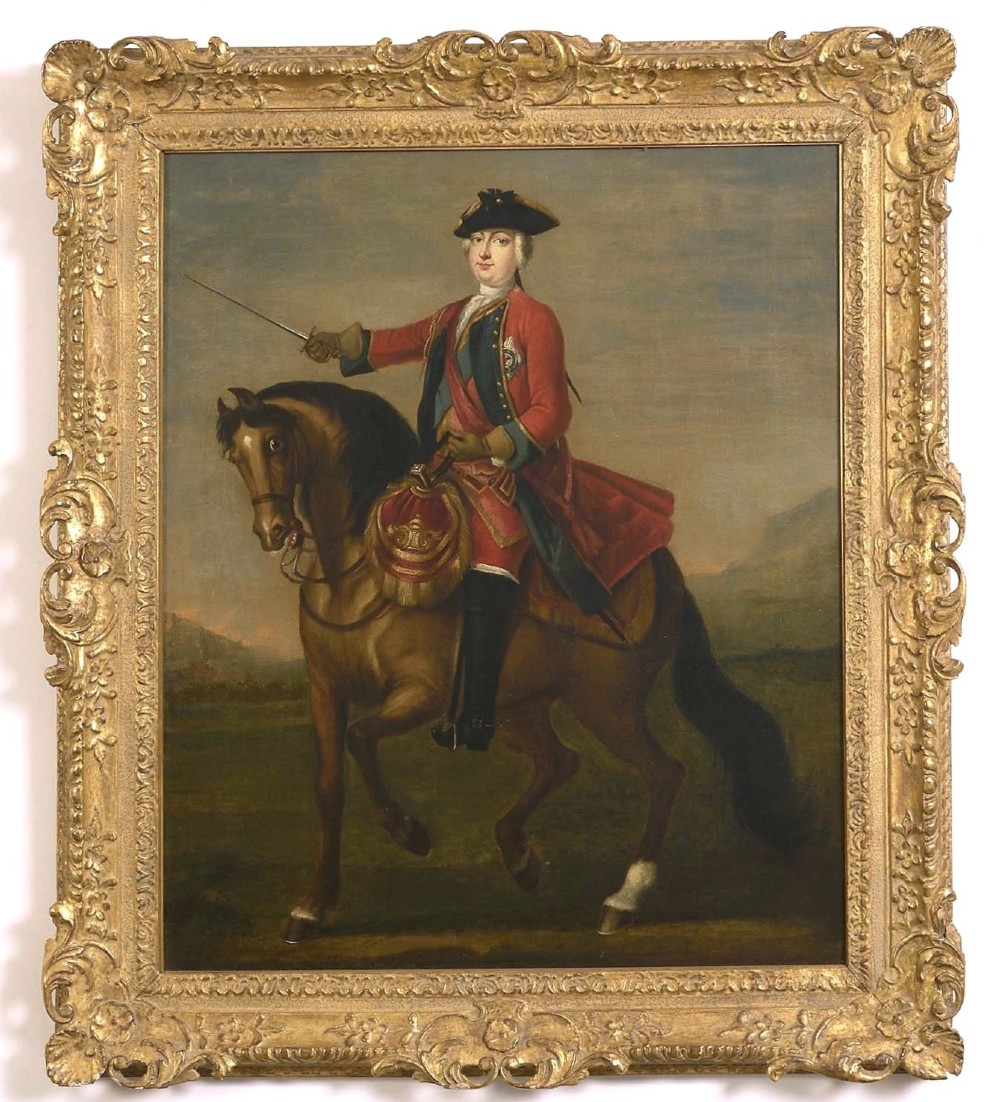 An 18th-century equestrian oil portrait depicting a military officer in a red coat mounted on a brown horse, enclosed in a carved giltwood frame.