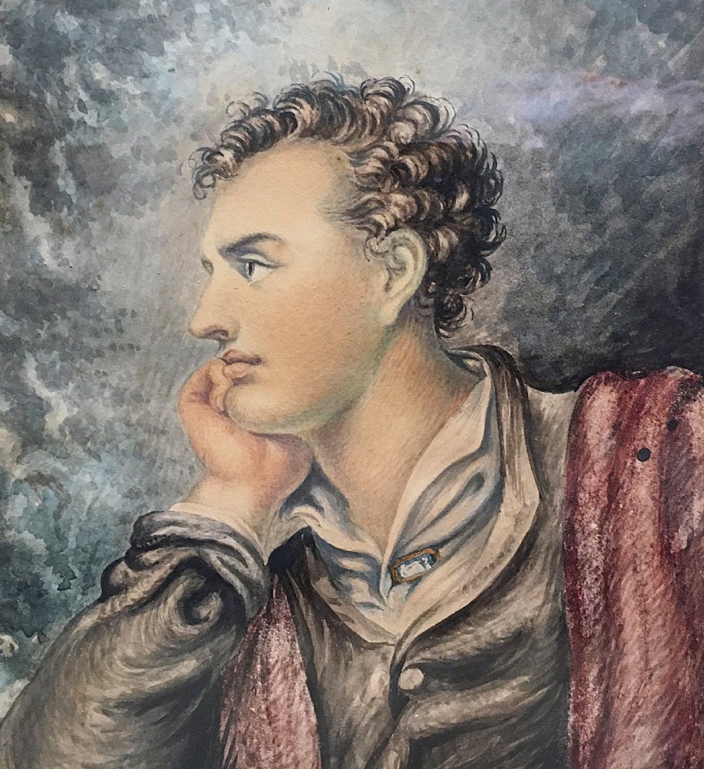 A profile portrait painting in watercolour depicting Lord Byron resting his chin on his hand against a stormy background. View II
