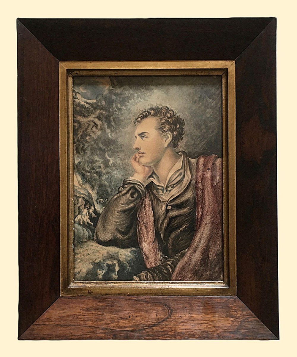 A profile portrait painting in watercolour depicting Lord Byron resting his chin on his hand against a stormy background. View III