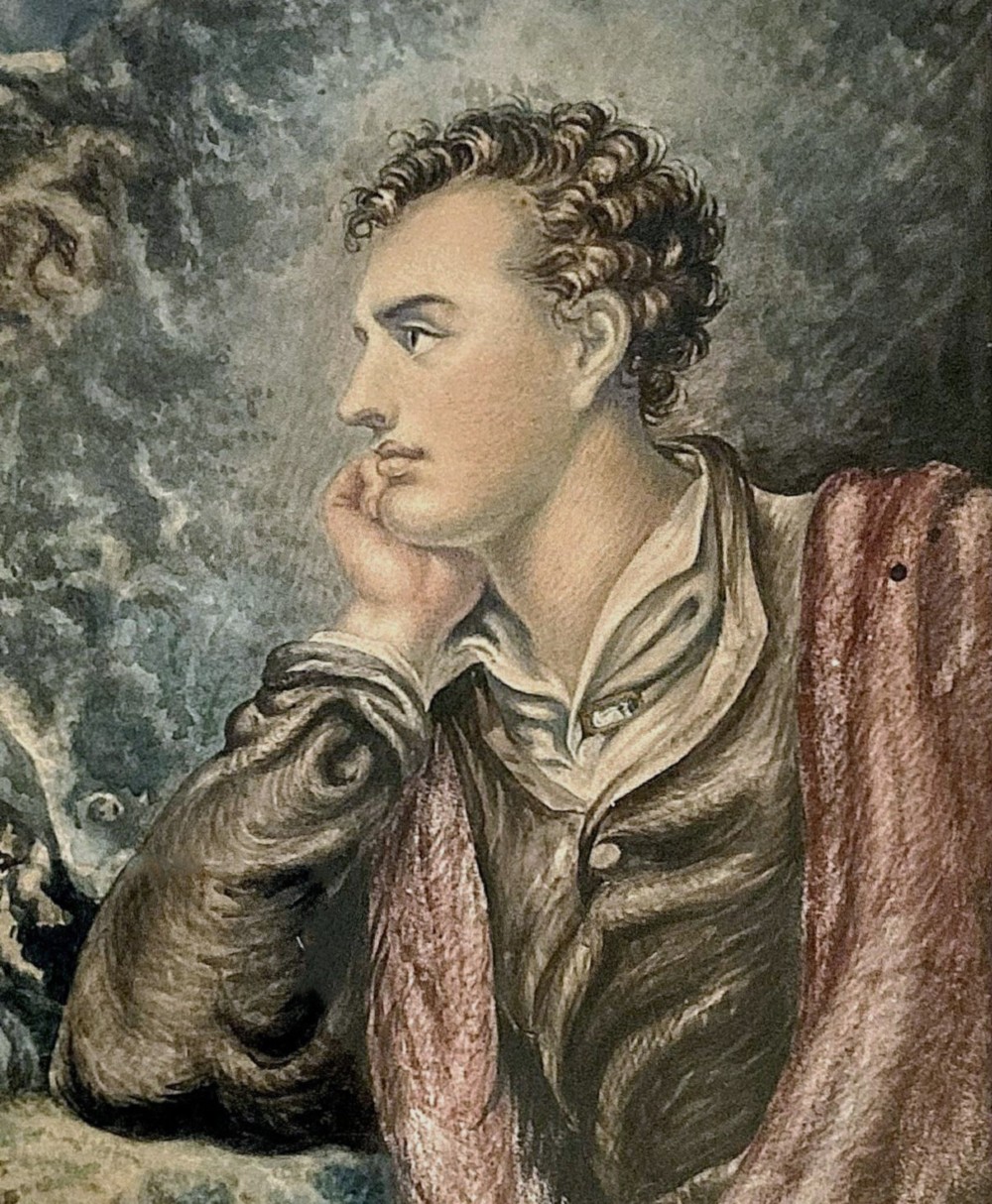 A profile portrait painting in watercolour depicting Lord Byron resting his chin on his hand against a stormy background. View IV