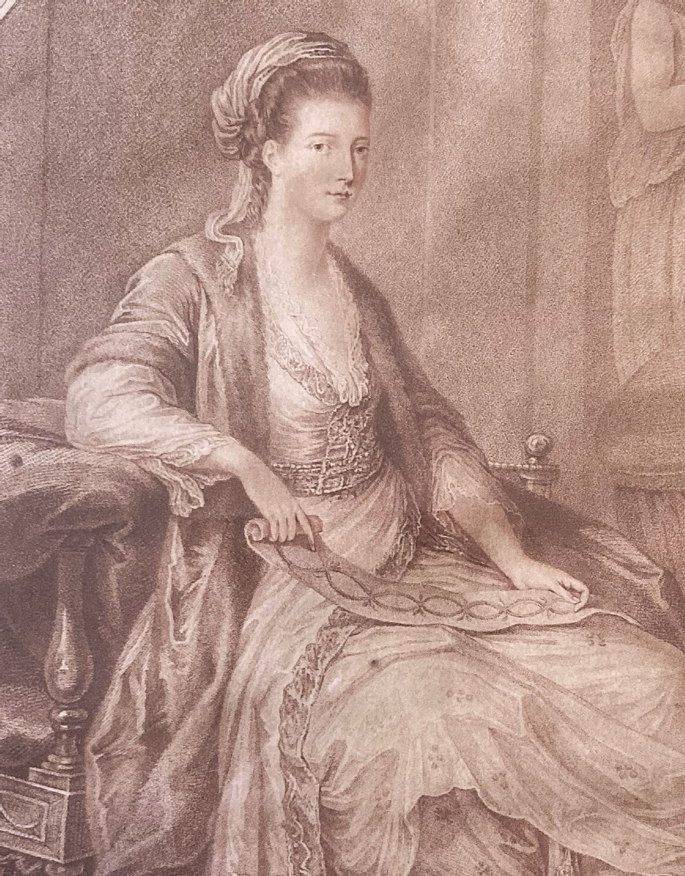 An 18th-century oval sepia engraving depicting a seated noblewoman in classical drapery holding a ribbon. View III