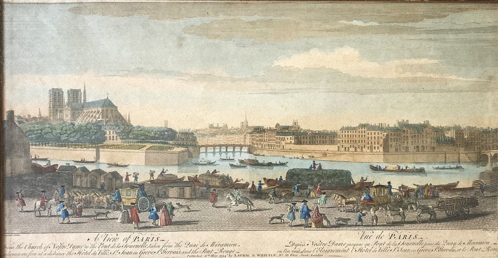 An 18th-century hand-coloured framed engraving depicting a panoramic view of Paris with Notre-Dame cathedral and figures along the River Seine.