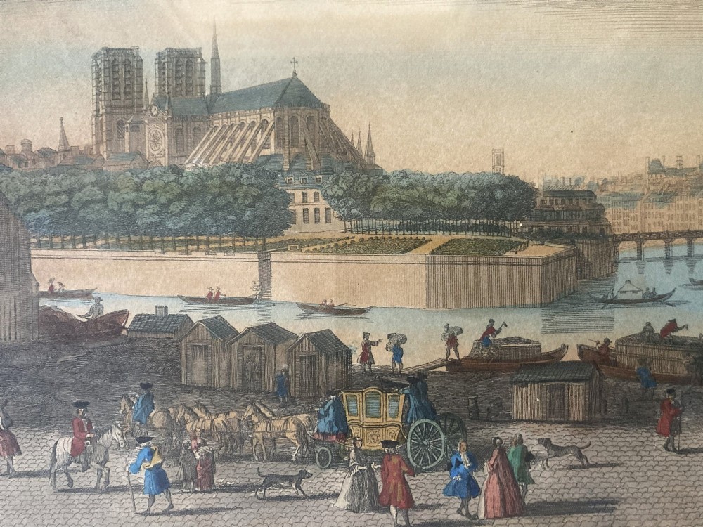 An 18th-century hand-coloured framed engraving depicting a panoramic view of Paris with Notre-Dame cathedral and figures along the River Seine. View III