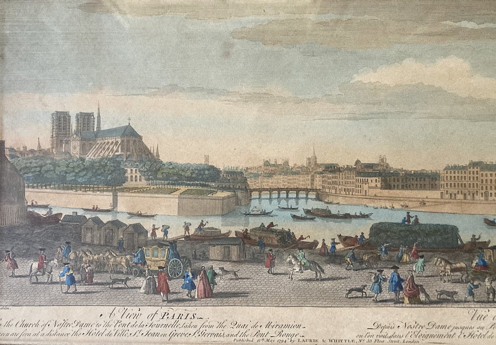 An 18th-century hand-coloured framed engraving depicting a panoramic view of Paris with Notre-Dame cathedral and figures along the River Seine. View IV