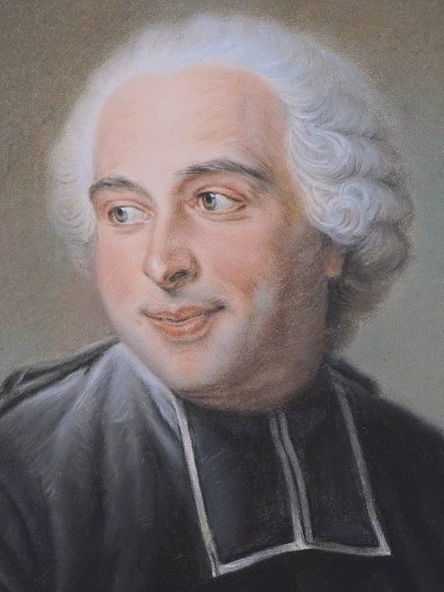 A 19th-century pastel portrait of a powdered-wigged French clergyman wearing a dark coat and clerical collar, housed within a carved giltwood frame. View III