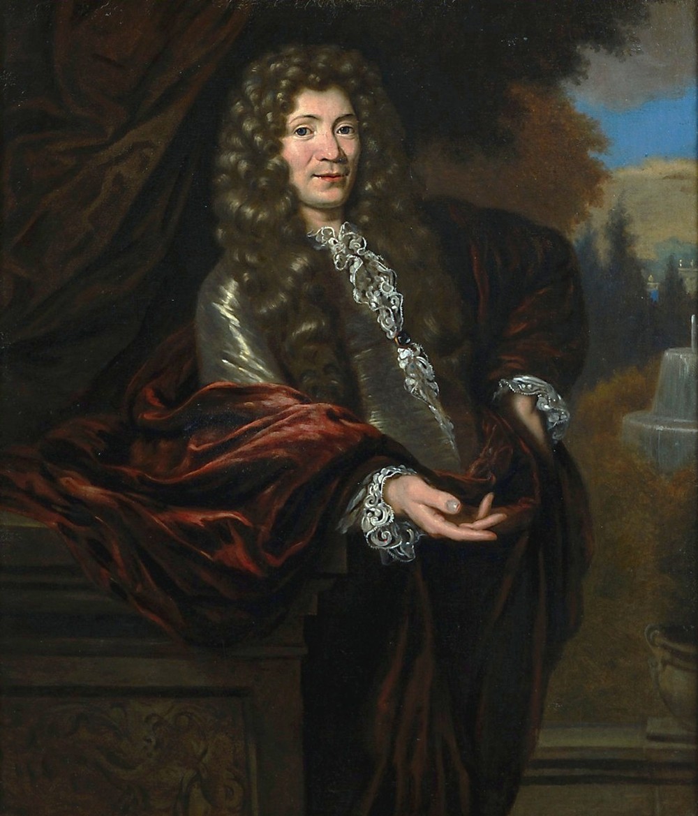A 17th-century oil painting depicting a gentleman wearing a full wig and lace cravat in an ornate carved gold leaf frame. View II