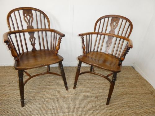 Pair Early 19th C Yew & Elm Windsor Chairs