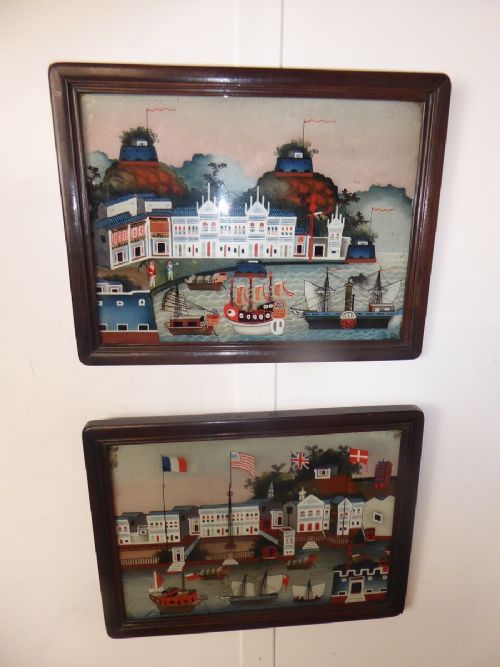Pair Chinese Reverse Glass Paintings