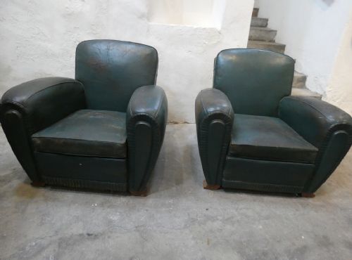 Pair Leather Art Deco Arm Chairs