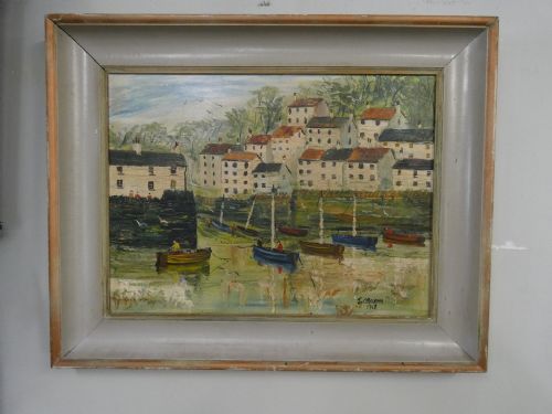 1960s Village Harbour Painting