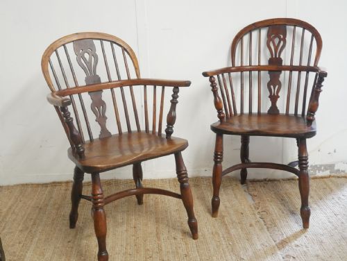 Pair English 19thc Yew Windsor Chairs